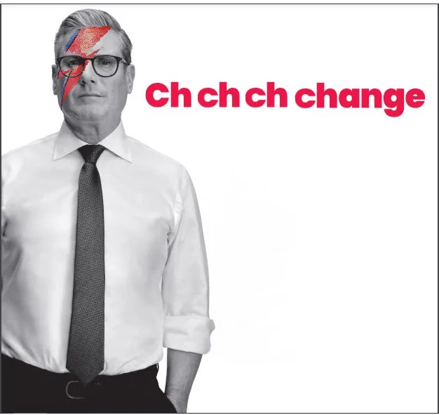 Keir Starmer with the Aladdin Sane flash on his head. Text - Ch ch ch change