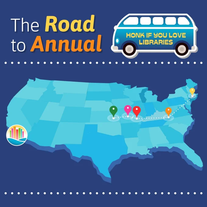  Illustration of a map of the United States with stops on the Road to Annual tour marked. A bus with a sign reading "Honk if you love libraries."
