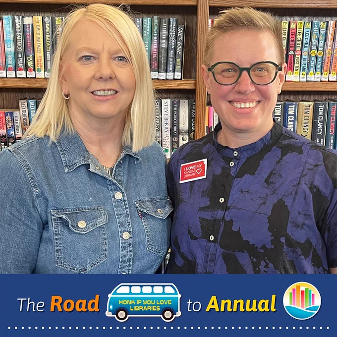 Rossville Community Library Director Christi McKenzie poses with ALA President Emily Drabinski in front of book shelves. 
