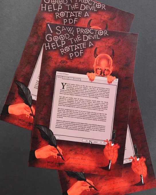 A picture of Becky Robison's story in print, called "I Saw Goody Proctor Help the Devil Rotate a PDF"