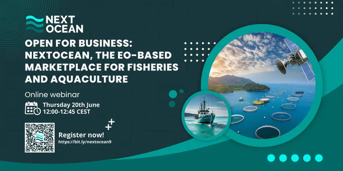 Banner advertising the NextOcean webinar: Open for business: NextOcean, the EO-based marketplace for fisheries and aquaculture