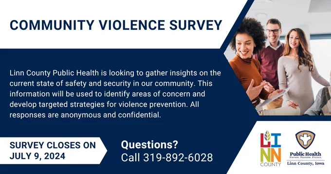A graphic explaining the Community Violence Survey, which closes on July 9, 2024. The survey is being administered by Linn County Public Health.