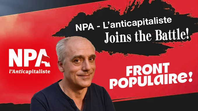 Écran new fighter de Smash Bros avec Philippe Poutou et les logos du NPA l'anticapitaliste et du Nouveau Front Populaire