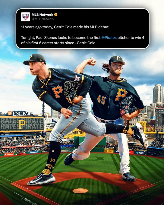 Post from MLB Network on X: 
11 years ago today, Gerrit Cole made his MLB debut.

Tonight, Paul Skenes looks to become the first Pirates pitcher to win 4 of his first 6 career starts since…Gerrit Cole.

Pictured: Two large cutouts of Paul Skenes (left) and Gerrit Cole (right) in black Pirates jerseys with gold lettering.
They tower over the interior of PNC Park. 
