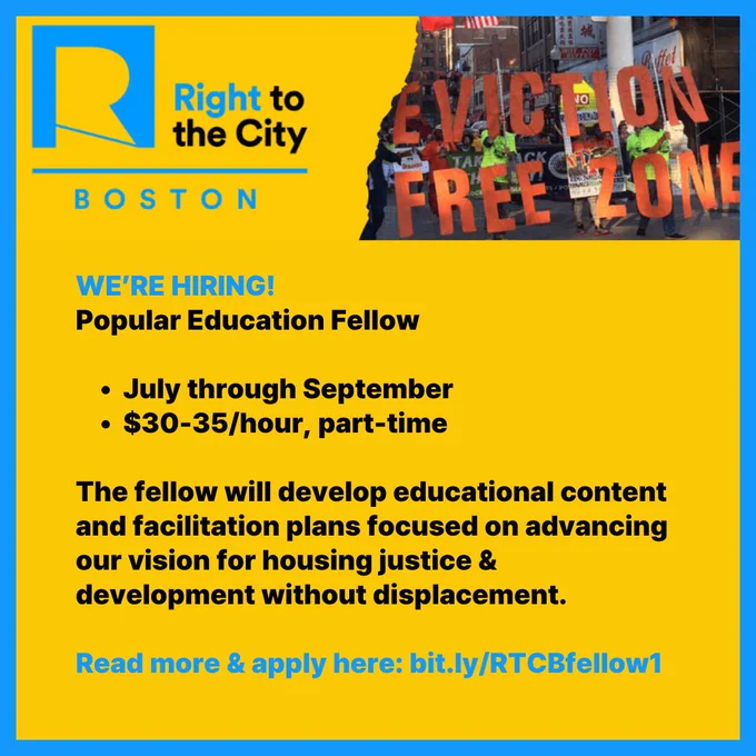 WE’RE HIRING!
Popular Education Fellow

July through September
$30-35/hour, part-time

The fellow will develop educational content and facilitation plans focused on advancing our vision for housing justice & development without displacement. 

Read more & apply here: bit.ly/RTCBfellow1 
