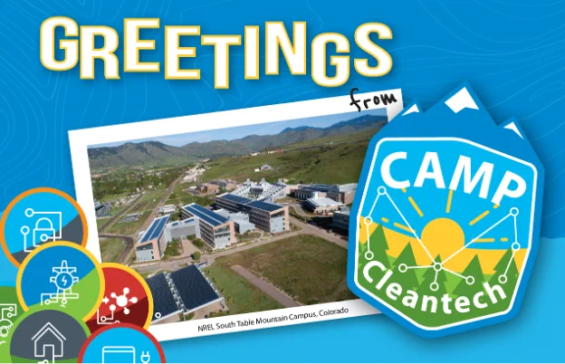 A blue postcard depicting NREL’s Colorado campus and the words, Greetings from Camp Cleantech.