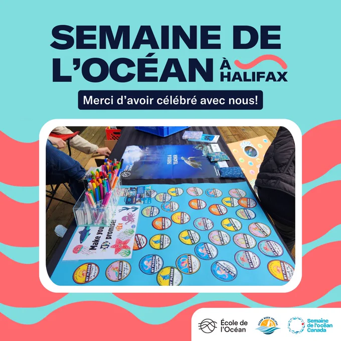 Matériel provenant d'un événement organisé dans le cadre de la « Semaine de l'océan à Halifax », comprenant une brochure imprimée avec des autocollants éducatifs, une nappe bleue avec des motifs de vagues et un sac en plastique transparent contenant des marqueurs de couleur.

