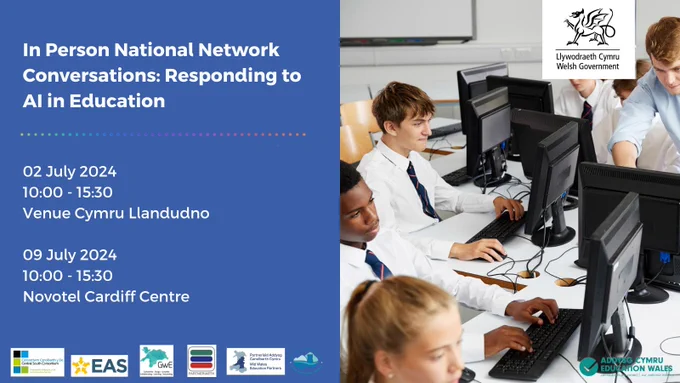 A group of people working on computers on the right side of the image. On the left side, text on blue background reads:
In person National Network Conversations: Responding to AI in Education. 02 July 2024, 10:00-15:30, Venue Cymru Llandudno. 09 July 2024, 10:00-15:30, Novotel Cardiff Centre.
