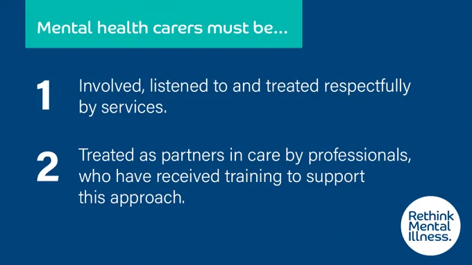 Image showcasing two key points about how mental health carers should be treated. Point 1: "Involved, listened to and treated respectfully by services." Point 2: "Treated as partners in care by professionals who have received training to support this approach." Logo at the bottom reads, "Rethink Mental Illness.