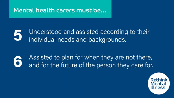 An infographic with text that reads, "Mental health carers must be... 5. Understood and assisted according to their individual needs and backgrounds. 6. Assisted to plan for when they are not there, and for the future of the person they care for." The background is divided into teal and dark blue sections, with the logo "Rethink Mental Illness" at the bottom right.