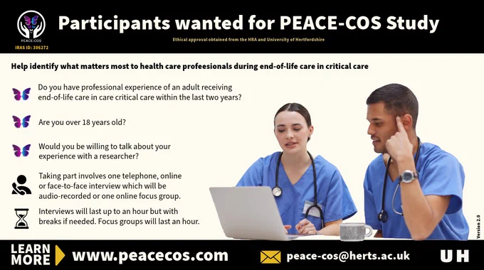 A group of healthcare professionals looking toward a laptop. Text saying participants wanted for PEACE-COS study. Learn more www.peace-cos.com email peace-cos@herts.ac.uk