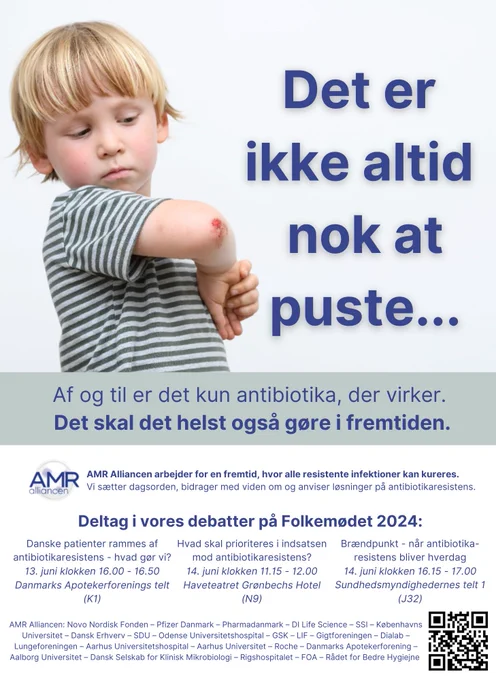Poster med 3 arrangementer fra den danske AMR-alliance. Folkemødet 2024 #fmdk