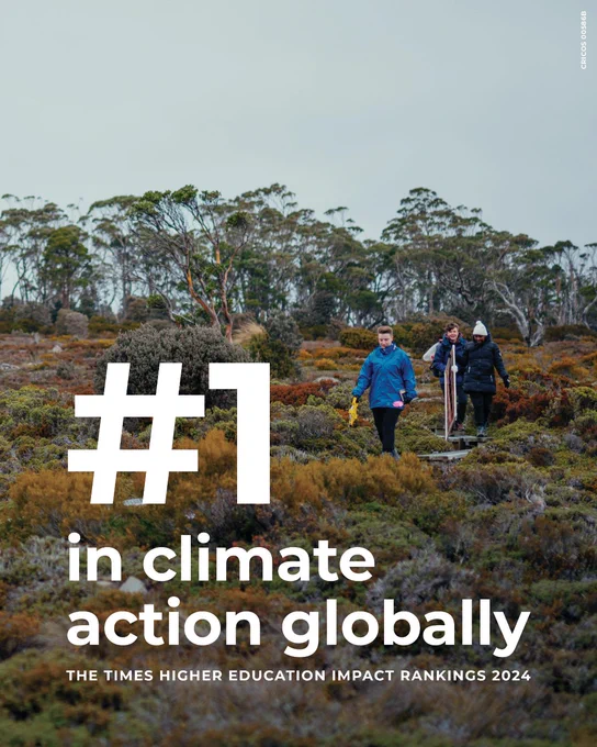 Three people wearing warm clothes and walking through a grassland environment. There is text over the top of the image reading: #1 in climate action globally, The Times Higher Education Impact Rankings 2024
