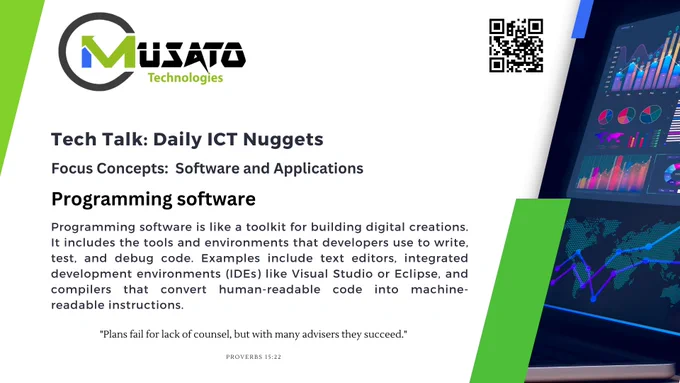 Daily ICT Nuggets
Focus Concepts:  Software and Applications

Programming software

Description: Programming software is like a toolkit for building digital creations. It includes the tools and environments that developers use to write, test, and debug code. Examples include text editors, integrated development environments (IDEs) like Visual Studio or Eclipse, and compilers that convert human-readable code into machine-readable instructions. Programming software is essential for creating applications, websites, and systems that run on computers and other devices.

Imagine you have a construction kit with various pieces, tools, and instructions that allow you to build different models, like cars, buildings, or robots. This construction kit represents programming software.
