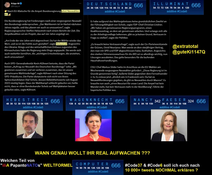 1. First Click on picture, (single view)
2. Right click on picture to: open pic in new tab, 
3. Left click = auto zoom, read
4. Hold STRG and scroll mouse to adjust view.
> Thank You.
1. Klick auf das Bild, (Einzelansicht)
2. Rechtsklick auf das Bild um: Bild in neuem Tab zu öffnen 
3. Linksklick auf das Bild, = auto zoom, lesen
4. STRG gedrückt halten und Mausrad scrollen um Größe angenehm anzupassen. Danke Schön.
And remember: 
666 / 37 = 18 = 6 6 6 
thats why #Code6 and #Code 37 are inter-connected. 

Last but not least: 
ilia = 1147 c 37 abc #Code37
everything is made up of atoms = 11470
#we #are #Atom = 3737
YOU are born after #primenumber 37 weeks at 37° celsius #body #temperature, you are 3D-5D #Printed in the womb by #hormonal #steering out of #atoms, the building blocks of #YOU.
Printer = 3700
btw..  They function as the fundamental units of the genetic code, with the bases A, G, C, and T being found in DNA. Code of Life.
AGCT in Code37 is 1147 ! 

Understand now ? 
Revelation