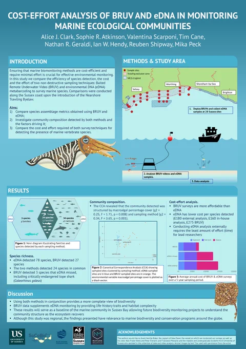 Poster submitted by Alice Clark outlining their research on 'Cost-effort analysis of BRUV and eDNA in monitoring marine ecological communities'. Diagrams and pictures support the written text. 