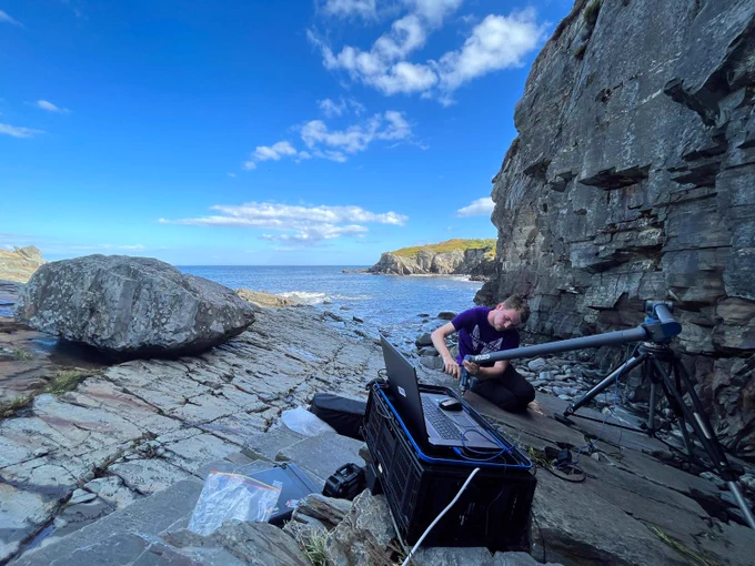 Nile Stephenson laser scanning Ediacaran fossils in the Discovery Geopark, Newfoundland, Canada