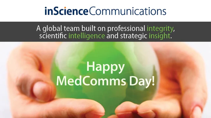 inScience Communications Happy MedComms Day! Globe in hand image.