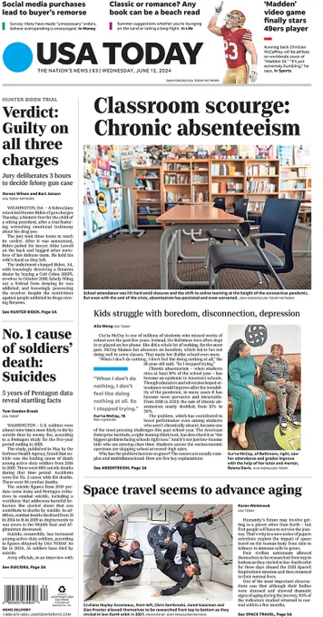 An image of the front page of the USA TODAY paper on Wednesday, June 12, 2024.