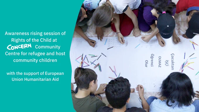 Children drawing pictures showing illustrations of Rights of the Child around the phrase "Çocuktan İşçi Olmaz, Öğrenci Olur".