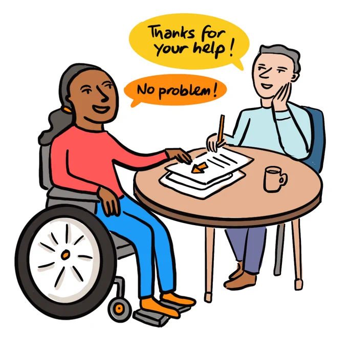 An illustration of a white male sat on a chair and black female sat in a wheelchair around a brown table. There is a piece of paper in the middle of the table that they are collaborating on. 