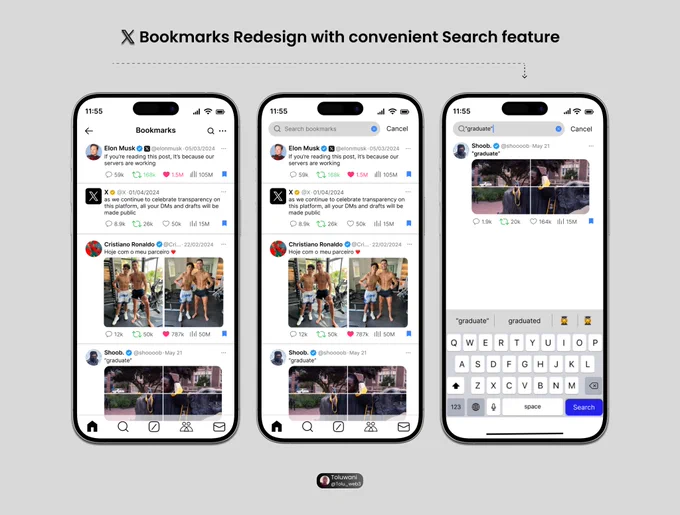 X bookmarks redesign with convenient search feature