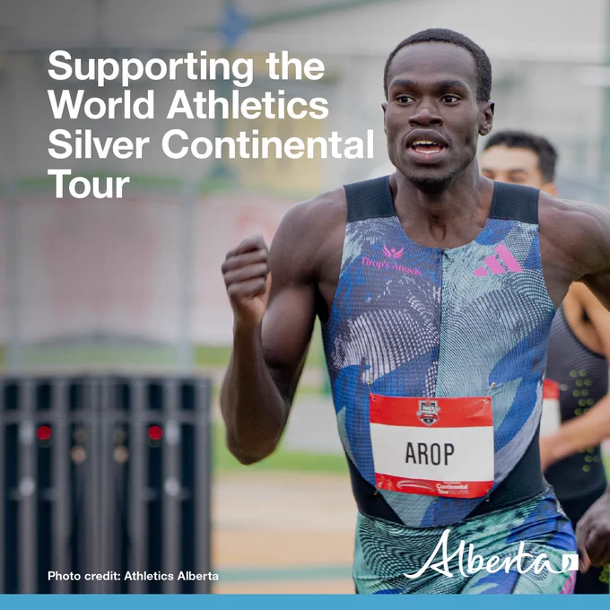 The image features Edmonton's Marco Arop in the middle of a race, with a blurred background. The text reads Supporting the World Athletics Silver Continental Tour. The white Alberta logo is in the bottom right hand corner. Photo credit is given to Athletics Alberta.
