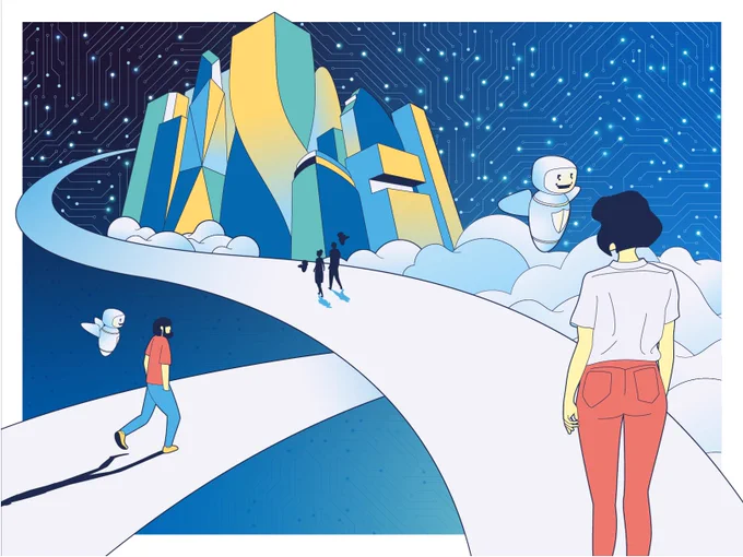 Image of the 'next computing paradigm' from the HiPEAC Vision: a woman walks on a road towards a city with a robot angel floating above her. Others do the same. The sky behind the city resembles a circuit board with pinpoints of light for stars 