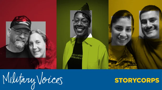 Military Voices, StoryCorps. Pictures of veterans and service members in colorful blocks.
