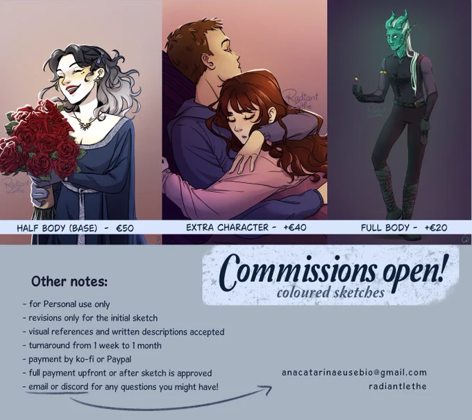 Commission sample sheet with notes and three samples of artwork.