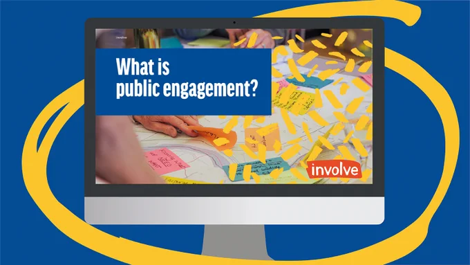 Computer screen with a presentation on it, saying 'what is public engagement?' and the involve logo.
