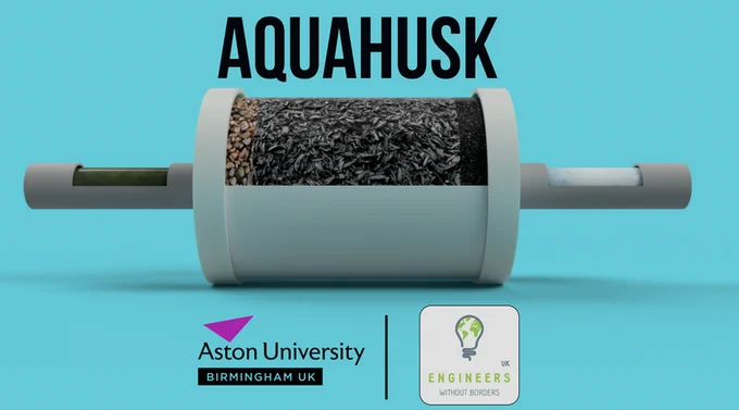 Computer design of a cylinder containing husks which can be used to filter water.  This is set against an aqua coloured background and below it are the Aston University logo and the EWB logo.