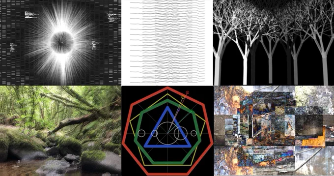 Rectangular image made up of 6 square images. Each depicts a different visual representation of Si Wait's research into audiovisual music production from a blurry image of woodland river to a black and black and white spherical ball which radiates light. 