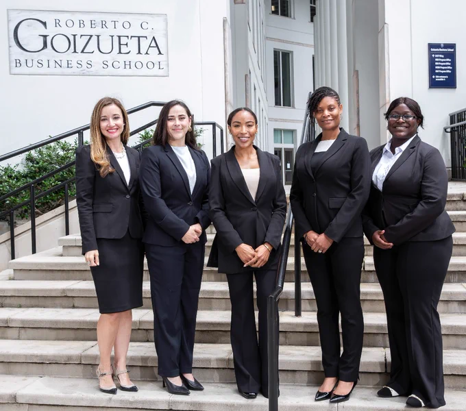Master in Business for Veterans students: Aleka Natzke McCadden (U.S. Navy), Victoria Johnson (U.S. Air Force), Bren Lemoine (U.S. Army), Sharita Dudley (U.S. Navy), and LaShawn Charles (U.S. Navy)