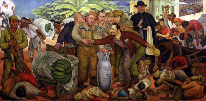 Diego Rivera's mural titled La Gloriosa Victoria. Satirically depicts the Guatemalan coup. American President Eisenhower shaking hands with a representative of the United Fruit Company. They stand over slaughtered children. In the background are glib looking generals of the Guatemalan military. 