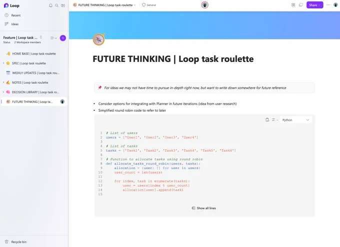 A screenshot of a page in Microsoft Loop called Future thinking. On the page, there are ideas for future consideration and a code block of python code to refer to later.