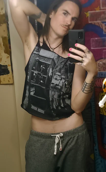 the front of the croptop shows a very pretty Dune in her star wars graphic t.