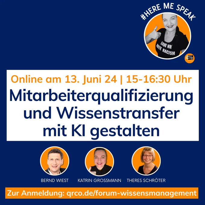 𝗞𝗲𝗶𝗻𝗲 𝗦𝗰𝗵𝗲𝘂 𝘃𝗼𝗿 𝗞𝗜! #Mitarbeiterqualifizierung   #Wissenstransfer mit #KI gestalten. Wie das geht, zeigen wir Euch mit dem neuartigen Wissenspotenzial.de-Verfahren© am 13.06.24 ab 15 Uhr online im #Forum #Qualifizierung & #Wissensmanagement. 
Infos   kostenfreie Anmeldung: https://qrco.de/forum-wissensmanagement