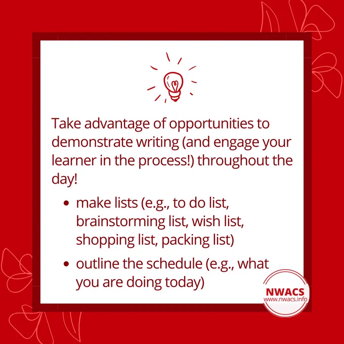Image text reads, "Take advantage of opportunities to demonstrate writing (and engage your learner in the process!) throughout the day!
- make lists (e.g., to-do list, brainstorming list, wish list, shopping list, packing list)
- outline the schedule (e.g., what you are doing today)"