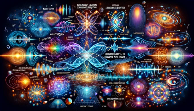 Here's the visual representation of expanding fundamental physics equations using Frequency Wave Theory, illustrating the dynamic interaction of various physical phenomena with intricate wave patterns against a cosmic background.