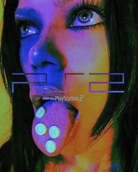 ps2 ad of a girl sticking out her tongue with 4 e tablets on it, but they have the playstation button symbols on them