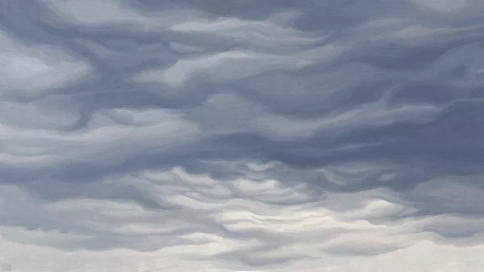 Digital painting of a cloudy sky; the shapes of the clouds are similar to the surface of the sea, seen from underneath. They're grey-blue, with highlights of light grey.