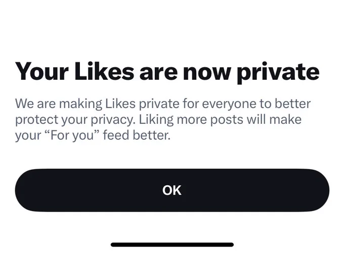 Twitter notification: your likes are now private.