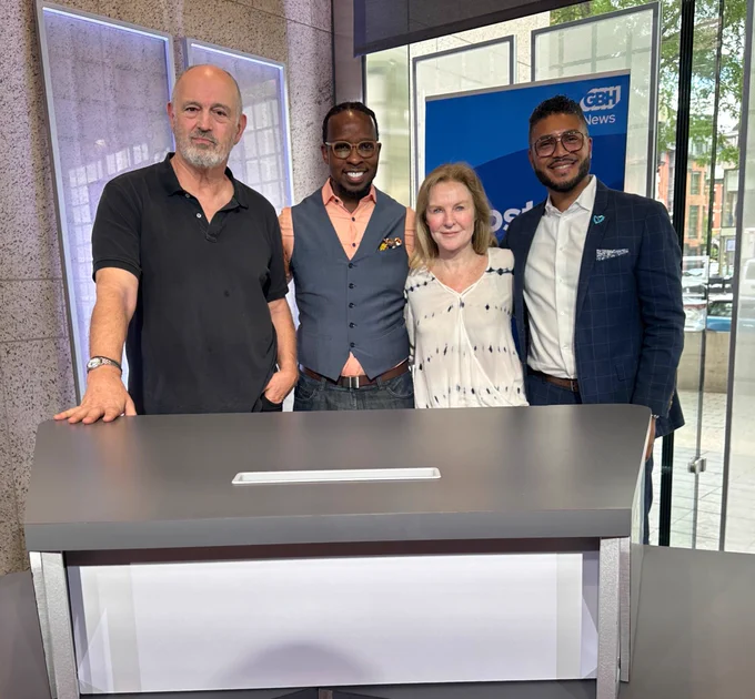Jim Braude, Ibram X. Kendi, Margery Eagan and Imari Paris Jeffries pose for a photo at the Boston Public Library on Wednesday, June 12, 2024. Photo credit: Juan José Cadena Dueñas  GBH News