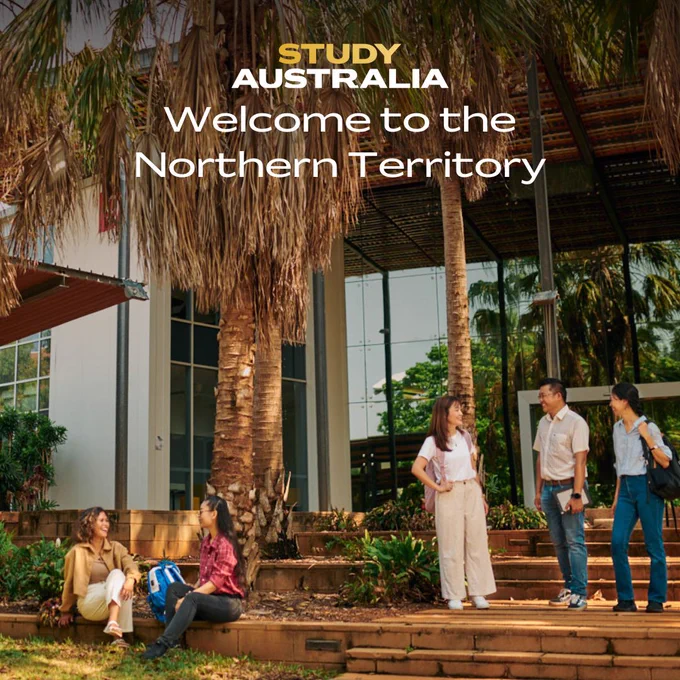 Image of students on campus at Charles Darwin University with text overlay reading 'Welcome to the Northern Territory'.