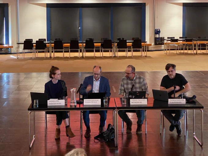 Gesprächsrunde mit Andrea Frei vom Theater Basel, Dr. Andreas Uebelbacher von "Zugang für alle", Tobias Tschopp von Netnode AG und Thomas Bircher von Claudiabasel