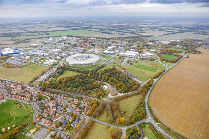Aerial view of the Harwell Science and Innovation Campus in the UK.