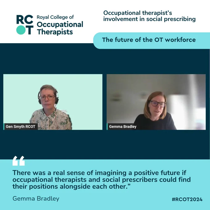 Quote reads "There was a real sense of imagining a positive future if occupational therapists and social prescribers could find their positions alongside each other.” Gemma Bradley