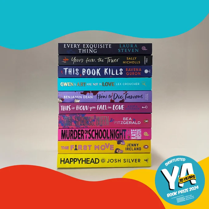 The stack of the 10 YA Book Prize shortlisted books on a white backdrop with red, blue and yellow shapes surrounding the border and the blue YA Book Prize logo.