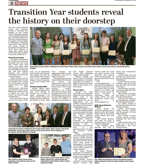 Newspaper article with images of Young Historian 2024 award-winners